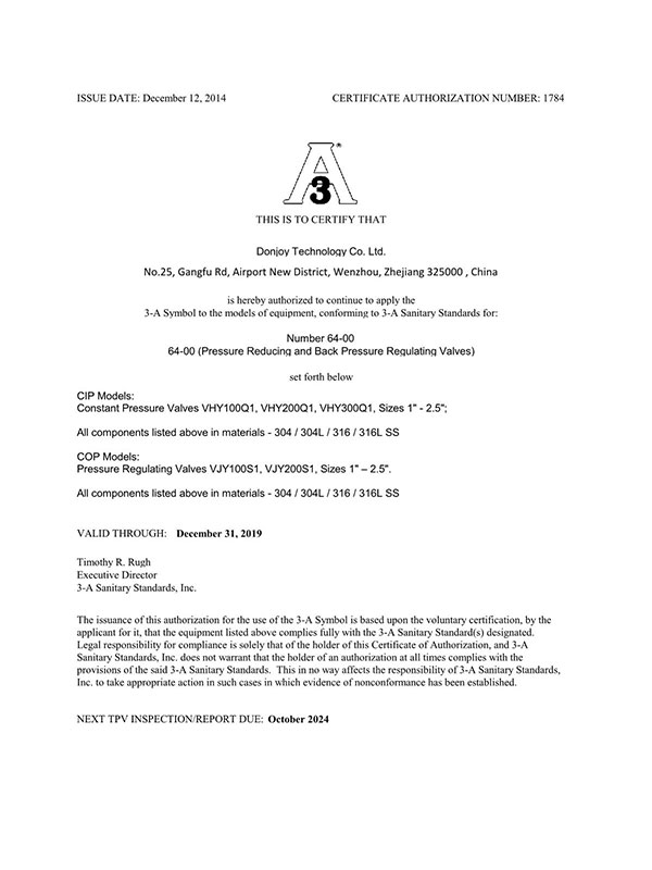 安全控制閥系列證書：3-A-64-00-N.O. 1784